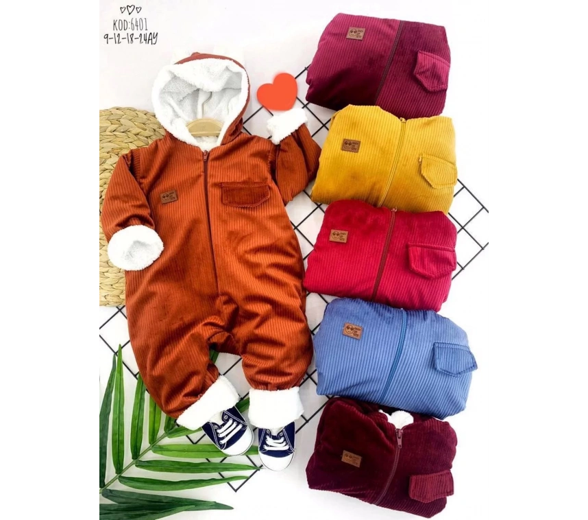 3-6-9-12 Ay Fermuar Kapamalı Kadife Kumaş İçi Tüylü Kız Erkek Bebek Tulumu