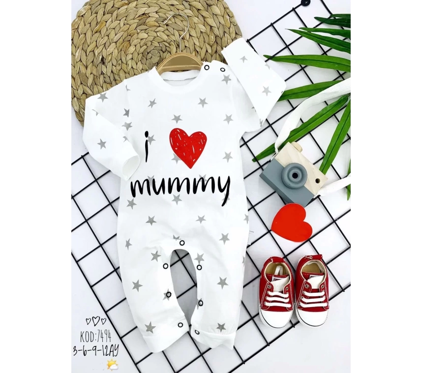 3-6-9-12 Ay Gümüş Yıldız I Love Mummy Baskılı Uzun Kollu Kız Erkek Bebek Tulumu
