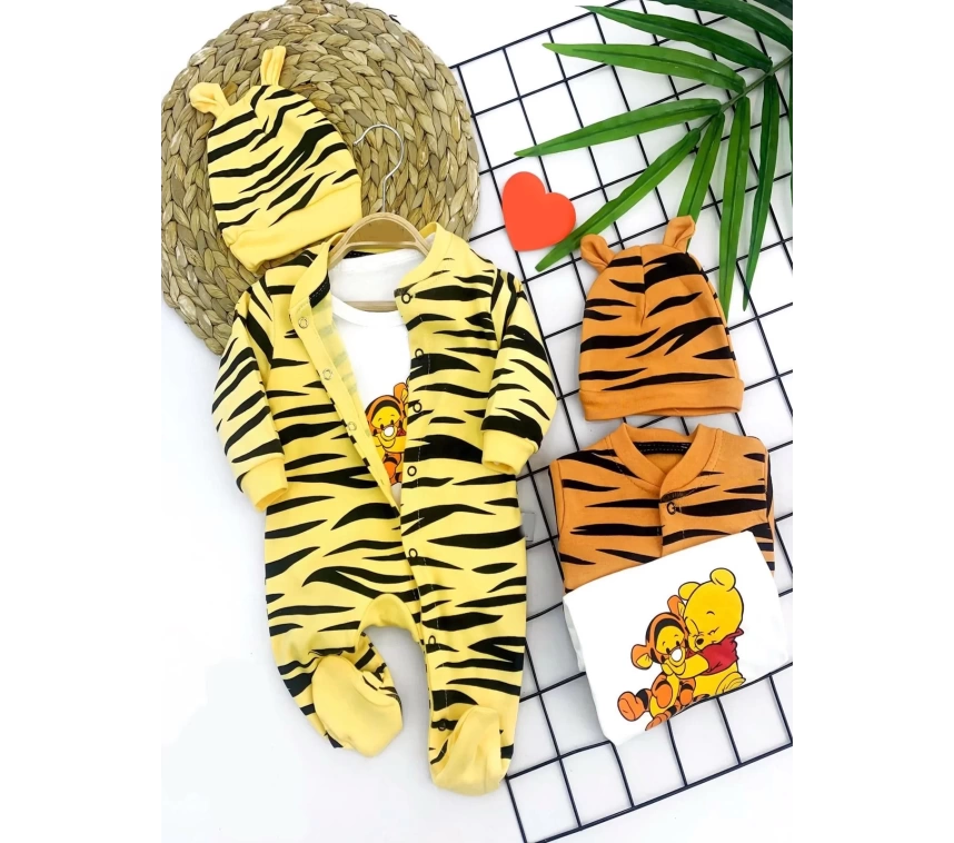 3-6-9-12 Ay Pooh Desenli Zebra Çizgili Şapkalı Sweatli 3lü Kız Erkek Bebek Tulumu(sarı)