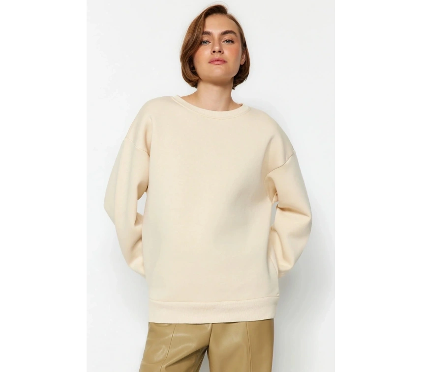 3 iplik şardonlu bisiklet yaka sweatshirt bej