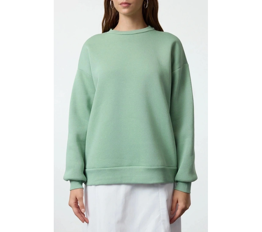 3 iplik şardonlu bisiklet yaka sweatshirt mint