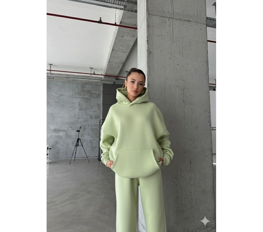 3 iplik şardonlu kapşonlu sweatshirt mint p510436