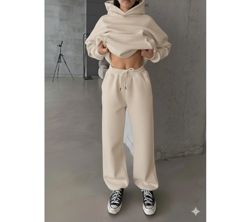 3 iplik şardonlu Lastik paça eşofman bej p510439