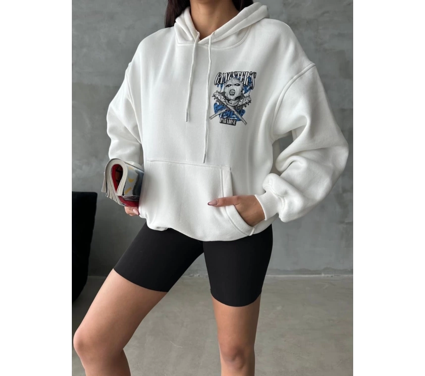 3 iplik şardonlu oversize compact kafa baskılı sweat beyaz