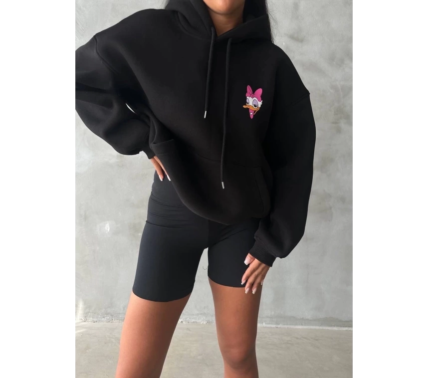 3 iplik şardonlu oversize compact ördek baskılı sweat siyah