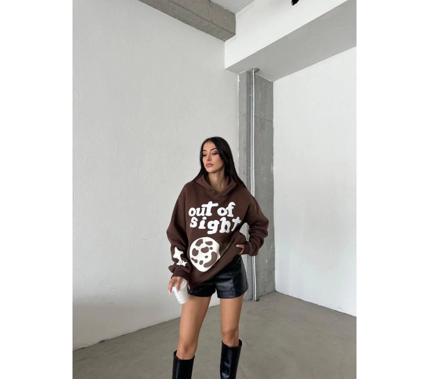 3 iplik şardonlu oversize compact out of baskılı sweat kahve