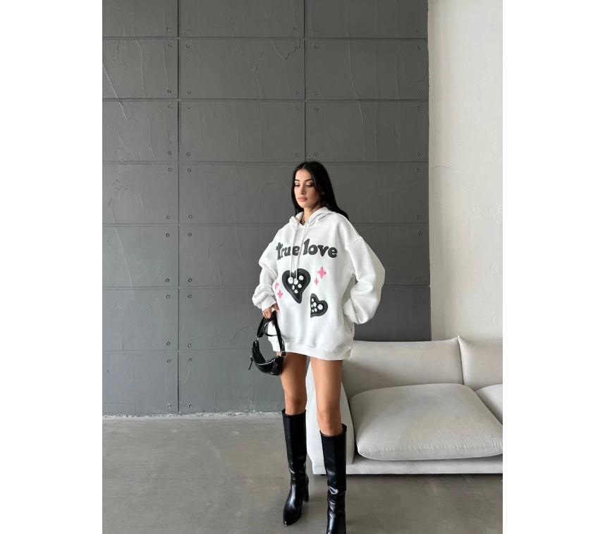 3 iplik şardonlu oversize compact true baskılı sweat Beyaz