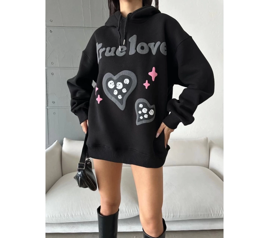 3 iplik şardonlu oversize compact true baskılı sweat siyah