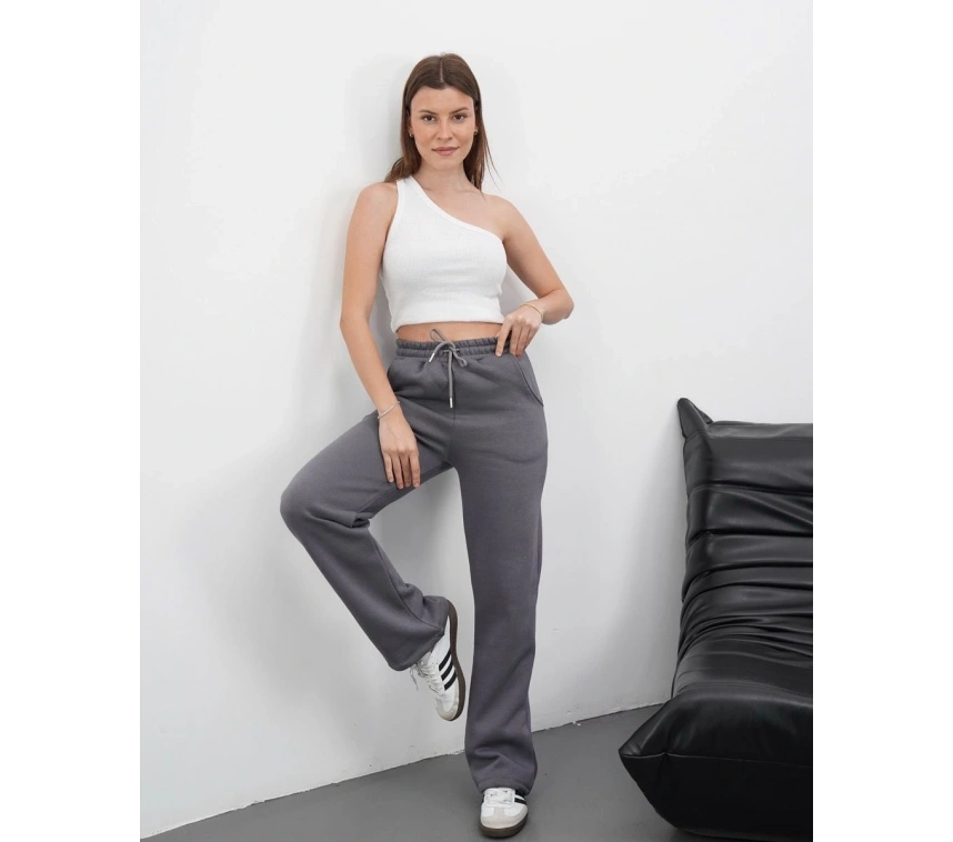 3 iplik şardonlu palazzo pantolon füme md64