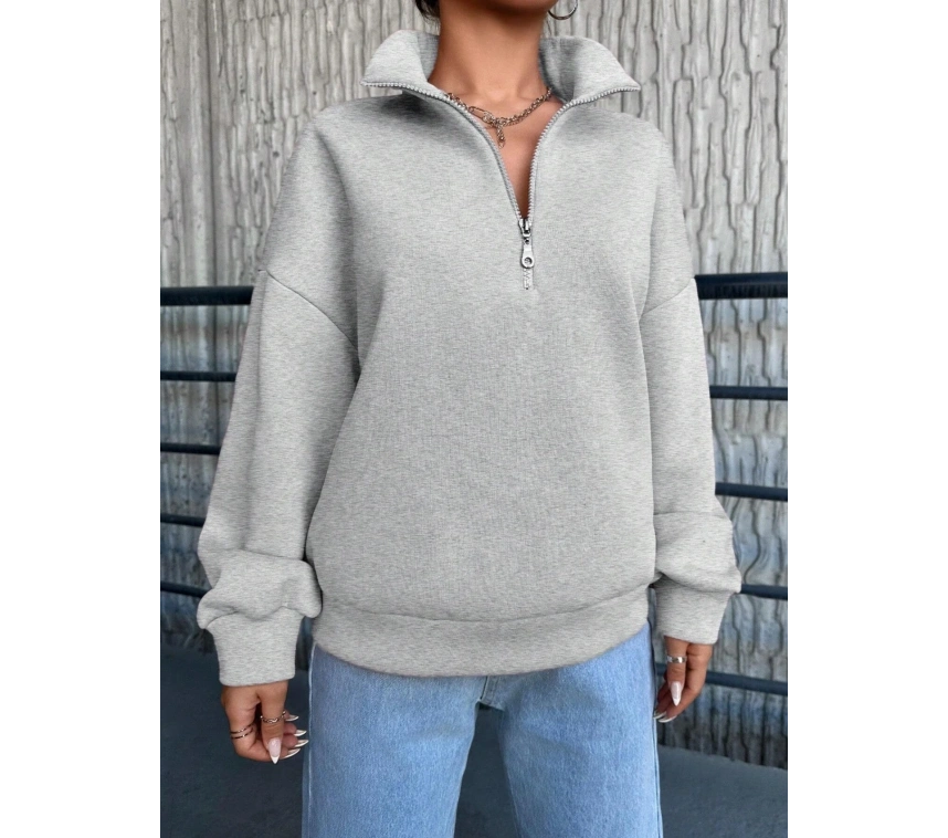3 iplik Şardonlu yarım fermuarlı sweatshirt gri