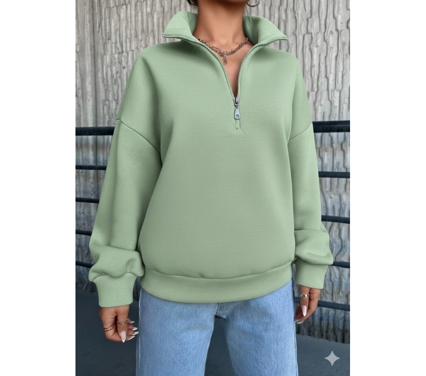 3 iplik Şardonlu yarım fermuarlı sweatshirt mint