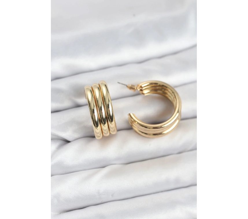 3lü Görünüm 316L Çelik Gold Renk Kadın Küpe