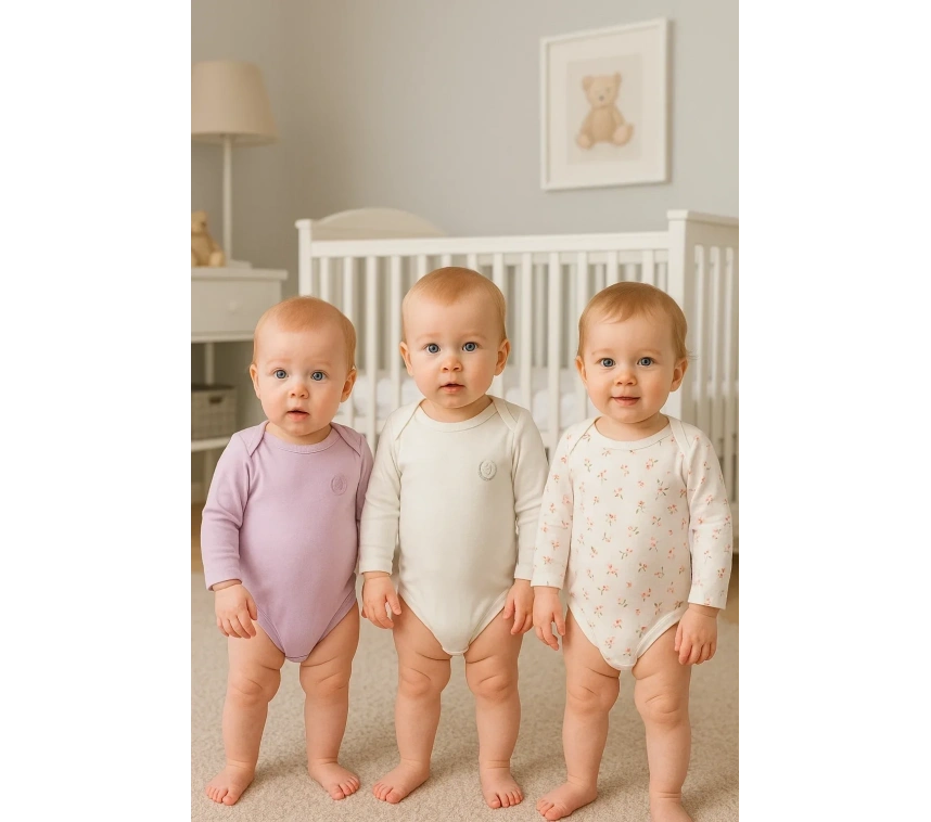 3lü Naturel Çiçekli Bebek Badi Zıbın - Beyaz Lila %100 Pamuk