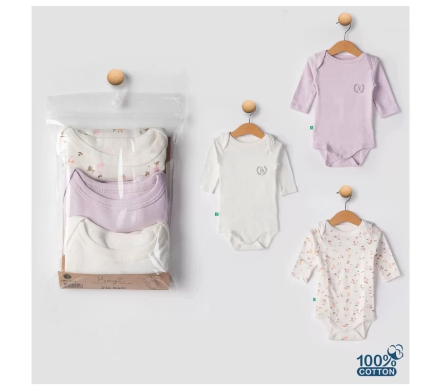 3lü Naturel Çiçekli Bebek Badi Zıbın - Beyaz Lila %100 Pamuk