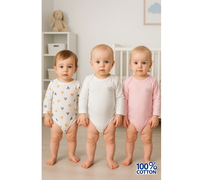 3lü Naturel Kalpki Bebek Badi Zıbın - Beyaz Pembe %100 Pamuk