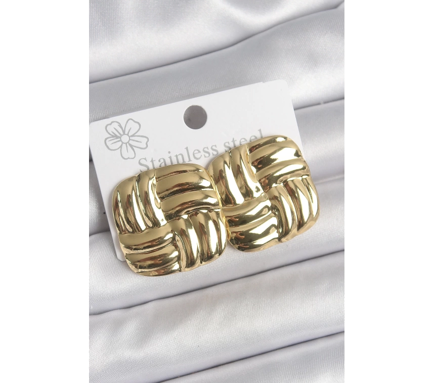 316 Çelik Gold Renk İşlemeli Kare Plaka Model Kadın Küpe