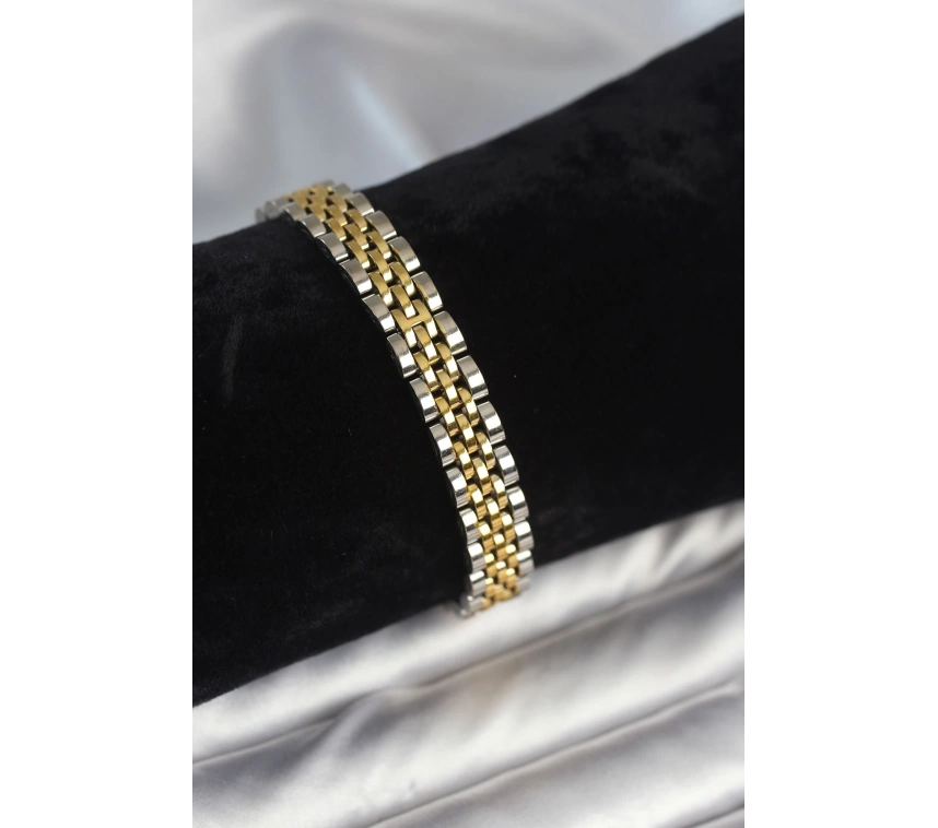 316L Çelik 9 mm Kalınlıkta Gold ve Gümüş Renkli Erkek Bileklik