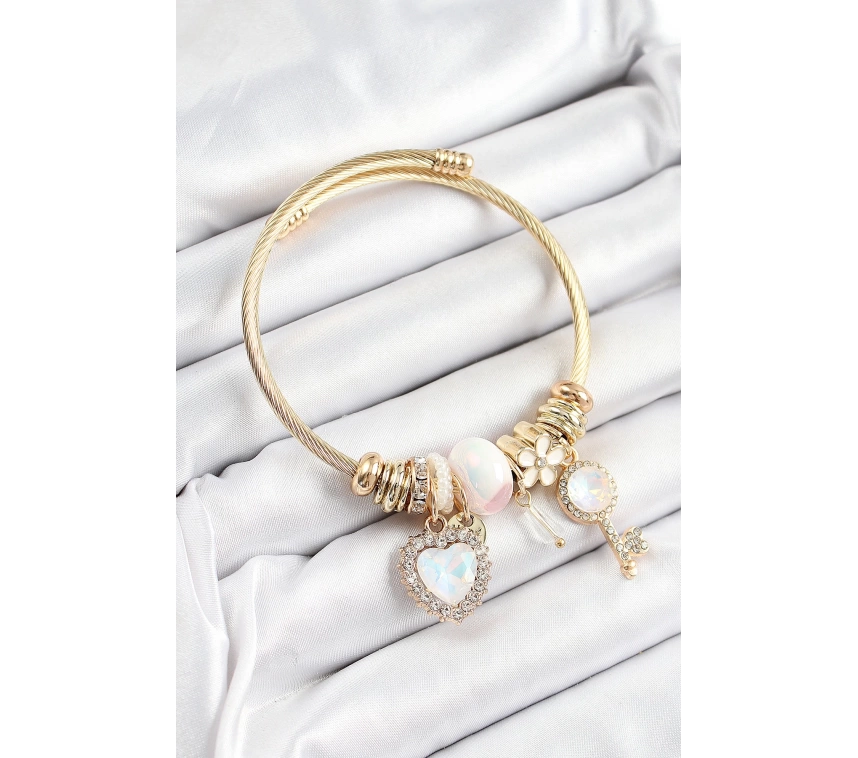 316L Çelik Beyaz Zirkon Taşlı Anahtar Ve Kalp Model Gold Renk Charm Bileklik