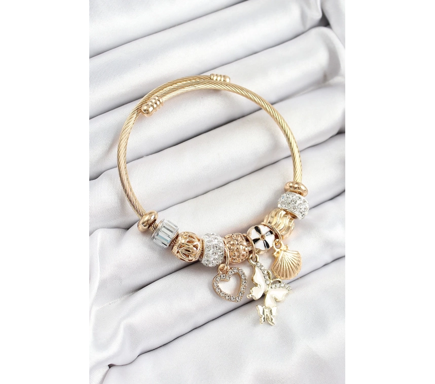 316L Çelik Beyaz Zirkon Taşlı Kalp Kelebek Ve İstiridye Model Gold Renk Charm Bileklik