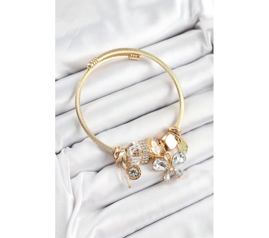 316L Çelik Beyaz Zirkon Taşlı Kelebek Model Gold Renk Charm Bileklik