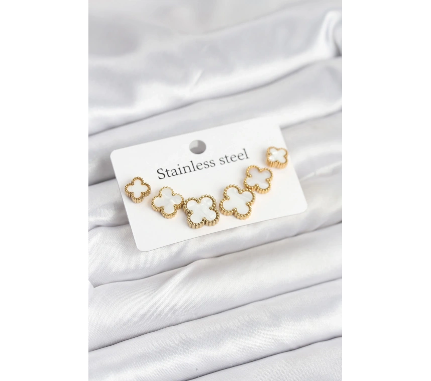 316L Çelik Gold Beyaz Renk 3 Boy Yonca Küpe Seti