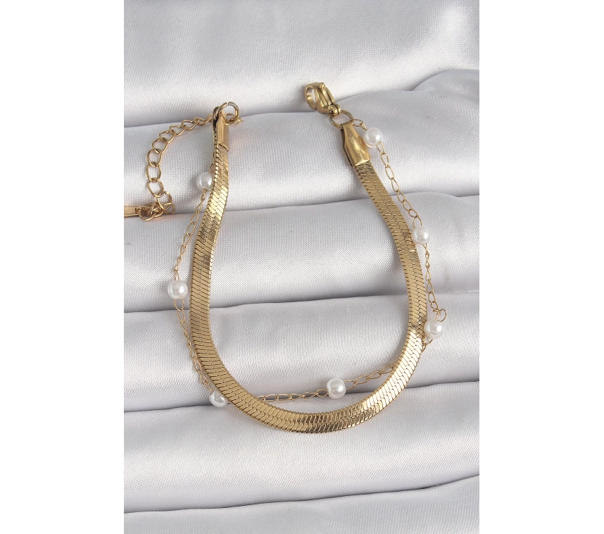 316L Çelik Gold Renk 2Li İtalyan Zincir Model İnci Detay Kadın Bileklik