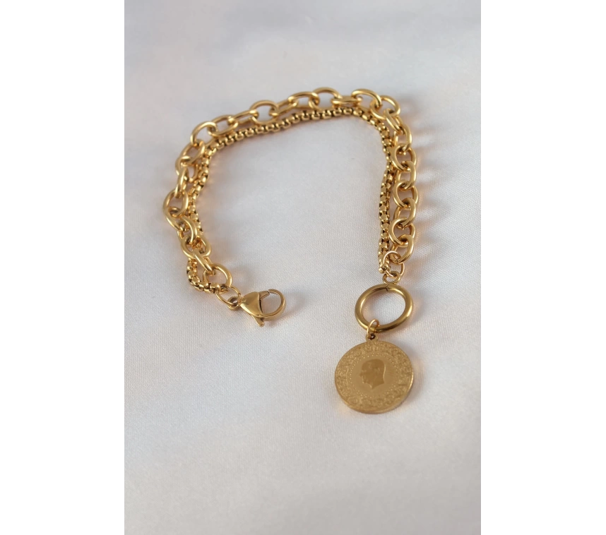 316L Çelik Gold Renk 2li Zincir Model Çeyrek Altınlı Kadın Bileklik