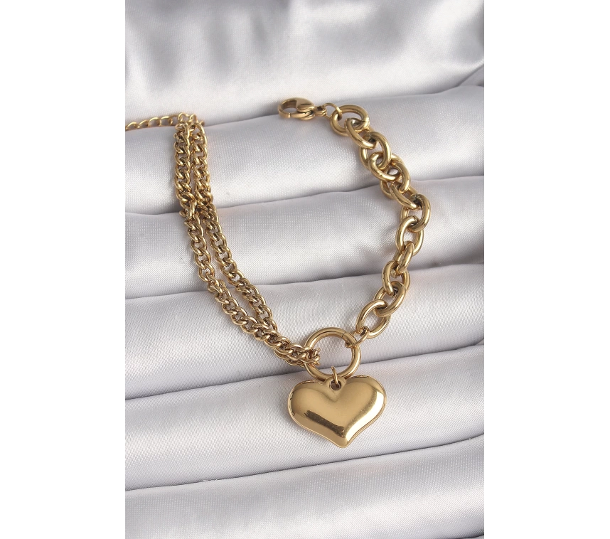 316L Çelik Gold Renk 2Li Zincir Model Kalp Figür Kadın Bileklik