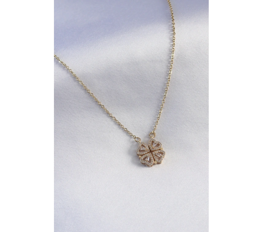 316L Çelik Gold Renk Açılır Zirkon Taşlı Yonca Model Kadın Kolye