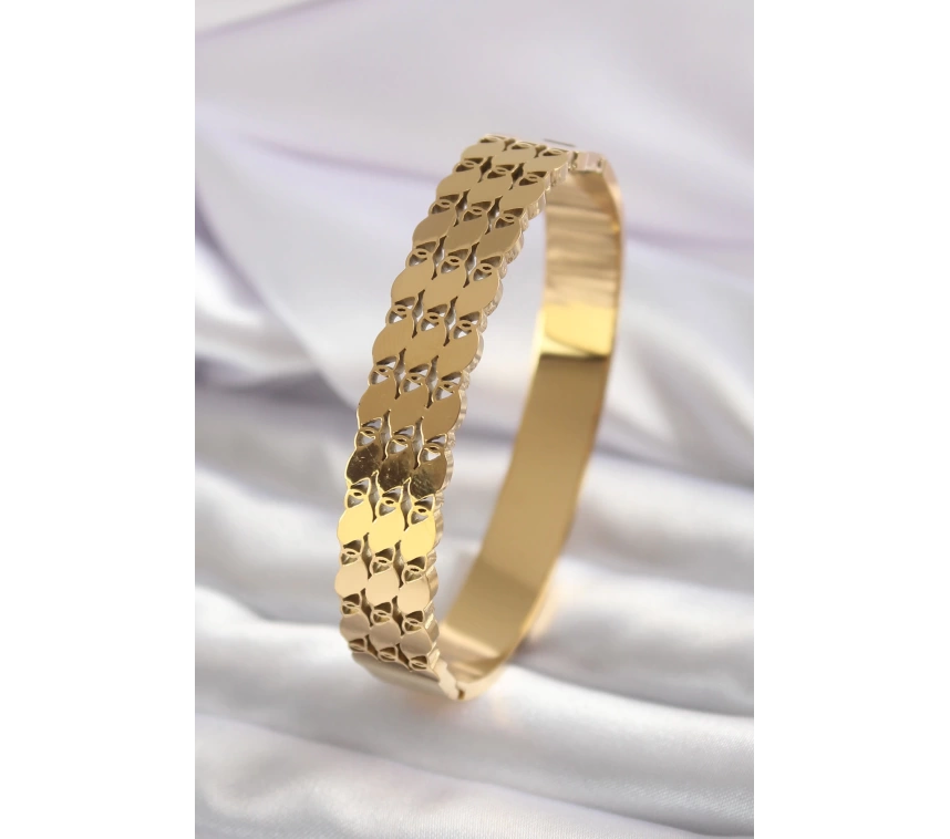 316L Çelik Gold Renk Arpa İşleme Model Kadın Kelepçe