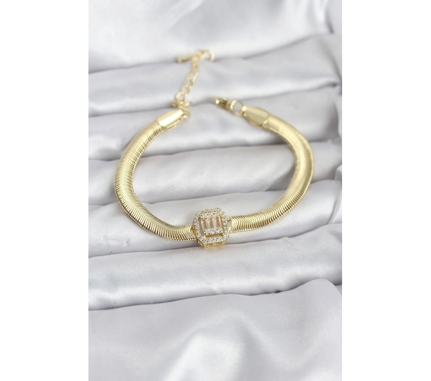 316L Çelik Gold Renk Baget Zirkon Taşlı Yılan Zincirli Kadın Bileklik