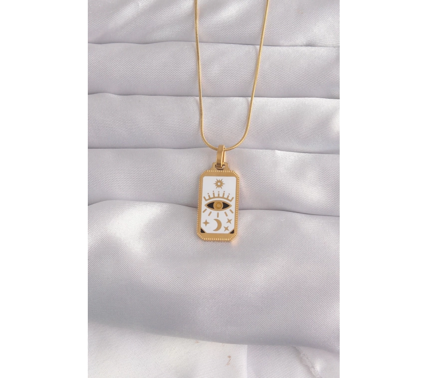 316L Çelik Gold Renk Beyaz Mineli Göz Figür Tarot Kolye