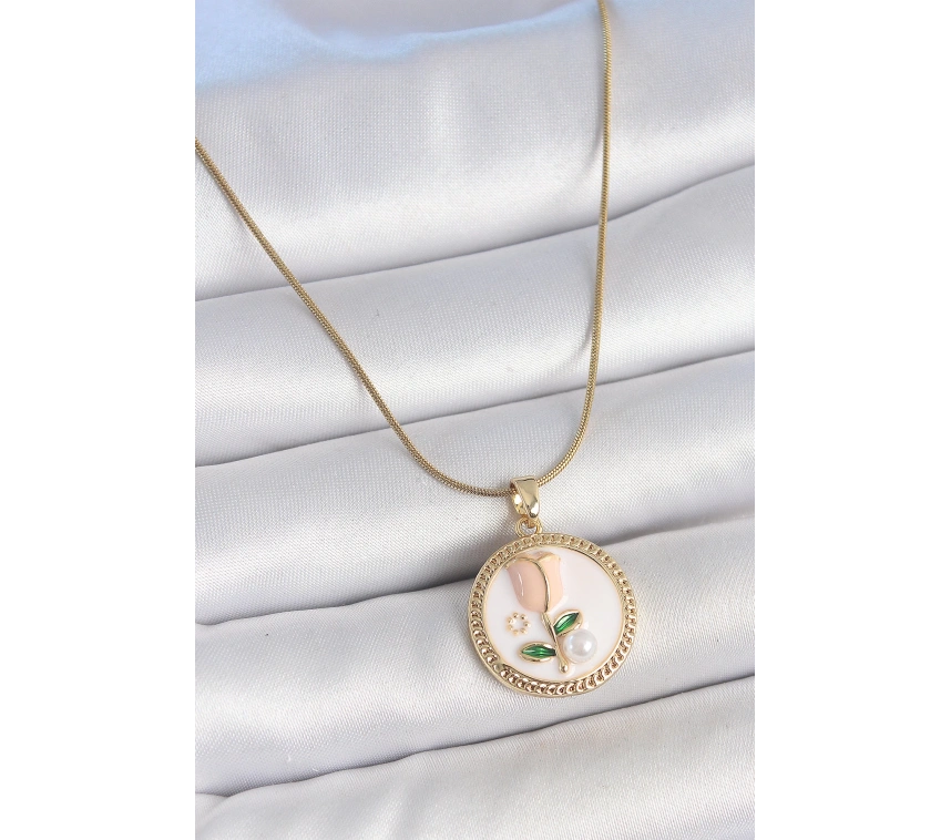 316L Çelik Gold Renk Beyaz Mineli İncili Çiçek İşlemeli Portre Model Kadın Kolye