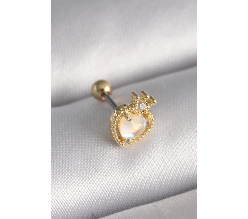 316L Çelik Gold Renk Beyaz Mineli Kalp Zirkon Taş Detaylı Taç Tragus Piercing