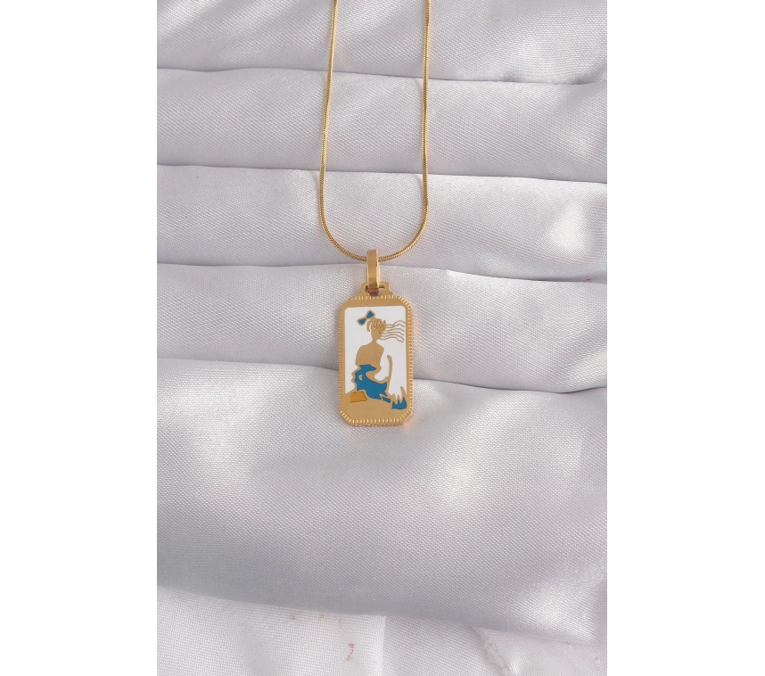 316L Çelik Gold Renk Beyaz Mineli Kız Figür Tarot Kolye