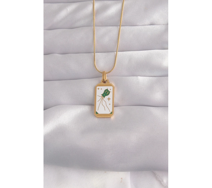 316L Çelik Gold Renk Beyaz Mineli Tarot Kolye