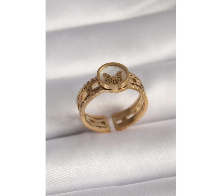 316L Çelik Gold Renk Beyaz Sedefli Kelebek Model İşleme Detay Kadın Yüzük