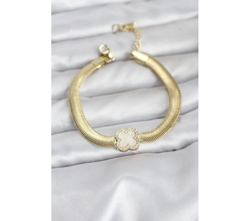 316L Çelik Gold Renk Beyaz Yonca Model Zirkon Taşlı Yılan Zincirli Kadın Bileklik