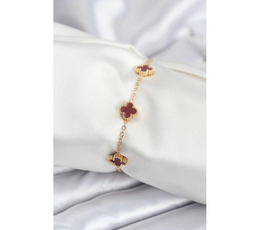 316L Çelik Gold Renk Bordo Baby Boy Yonca Kadın Bileklik