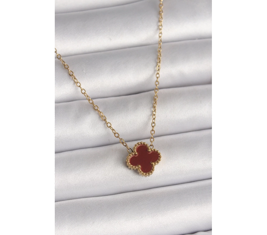 316L Çelik Gold Renk Bordo Yonca Model Kadın Kolye