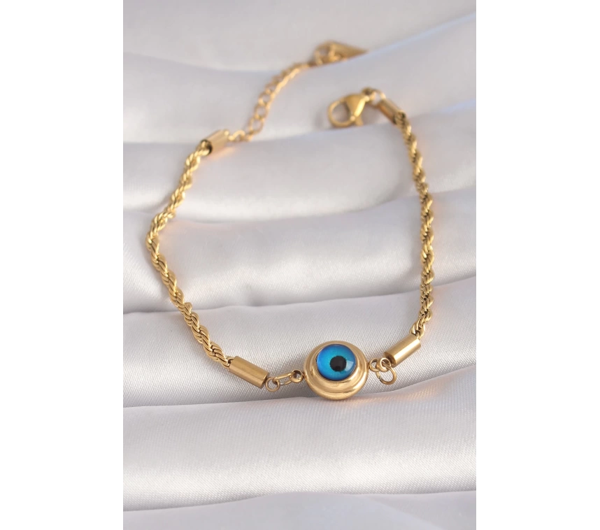 316L Çelik Gold Renk Burgu Zincir Nazar Boncuk Model Kadın Bileklik
