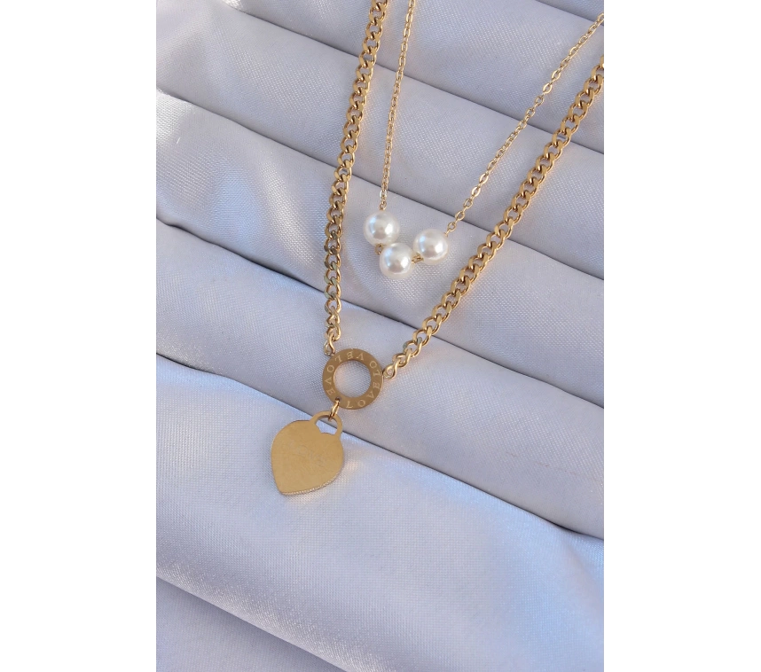 316L Çelik Gold Renk Çift Zincir İnci Detayı Love Kalp Kolye
