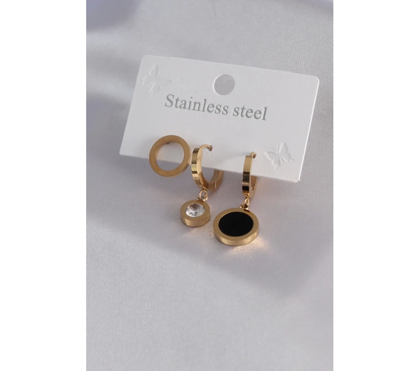 316L Çelik Gold Renk Daire Model Zirkon Taş Detay Kadın Küpe Kombini