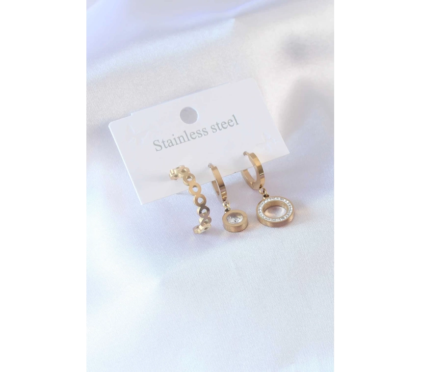 316L Çelik Gold Renk Daire Model Zirkon Taşlı Kadın Küpe