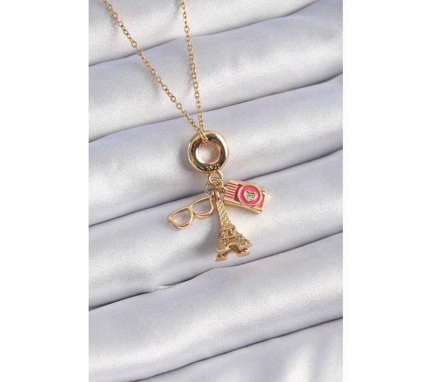 316L Çelik Gold Renk Eyfel Kulesi Fotoğraf Makinesi Figür Charm Model Kadın Kolye