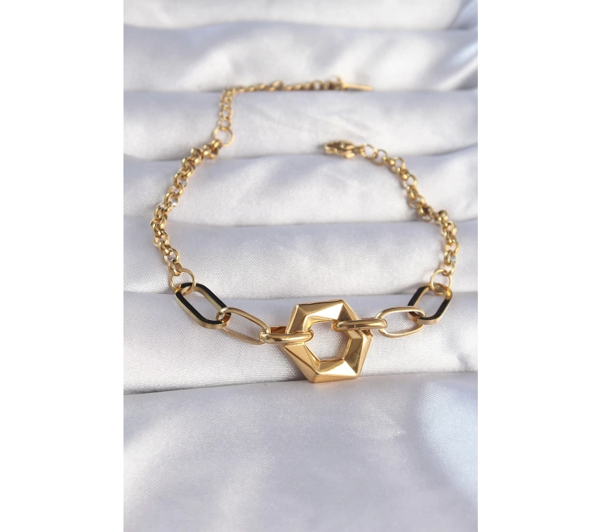 316L Çelik Gold Renk Geometrik Model Zincir Bileklik
