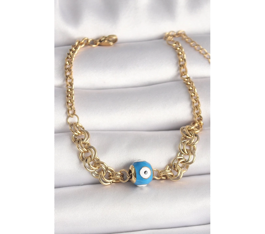316L Çelik Gold Renk Halka Zincir Model Nazar Boncuk Figür Kadın Bileklik