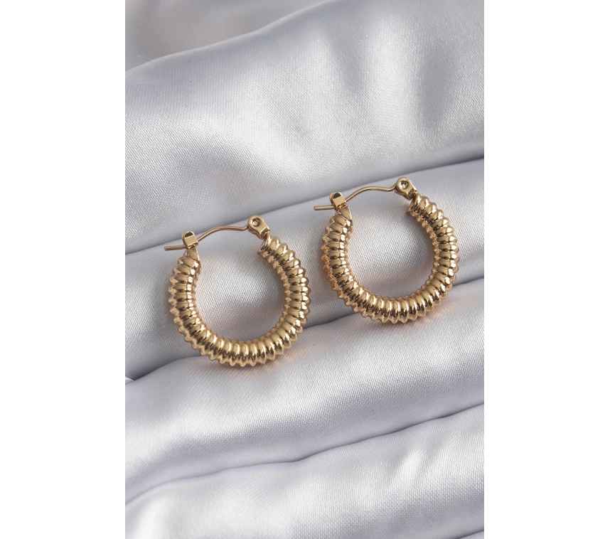 316L Çelik Gold Renk İşleme Detay Halka Model Kadın Küpe