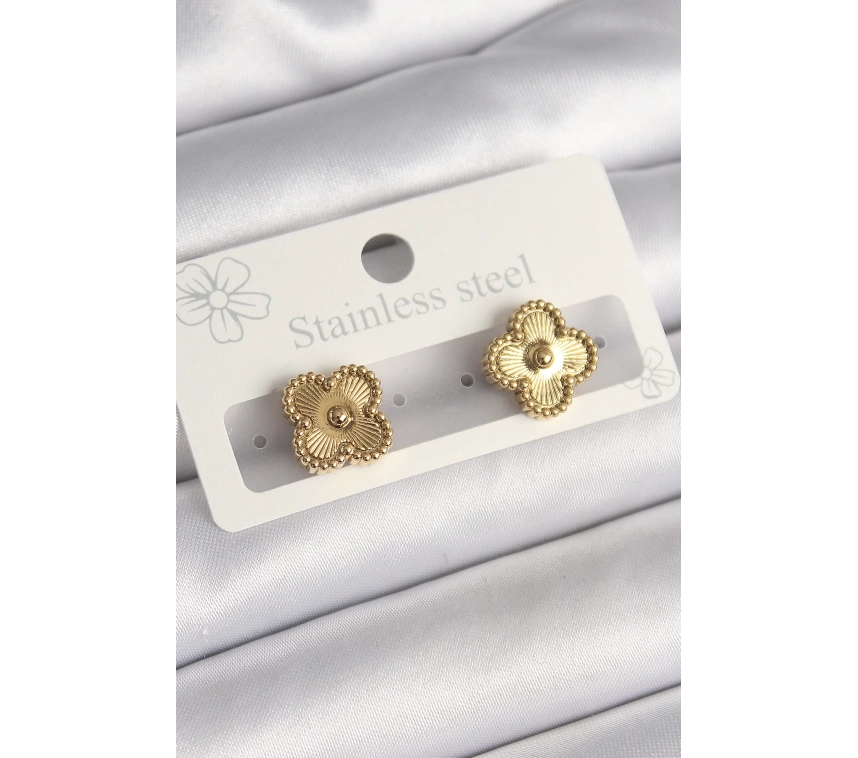 316L Çelik Gold Renk İşleme Detaylı Yonca Model Kadın Küpe
