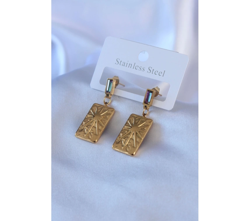 316L Çelik Gold Renk İşleme Plaka Model Kristal Taş Detay Kadın Küpe